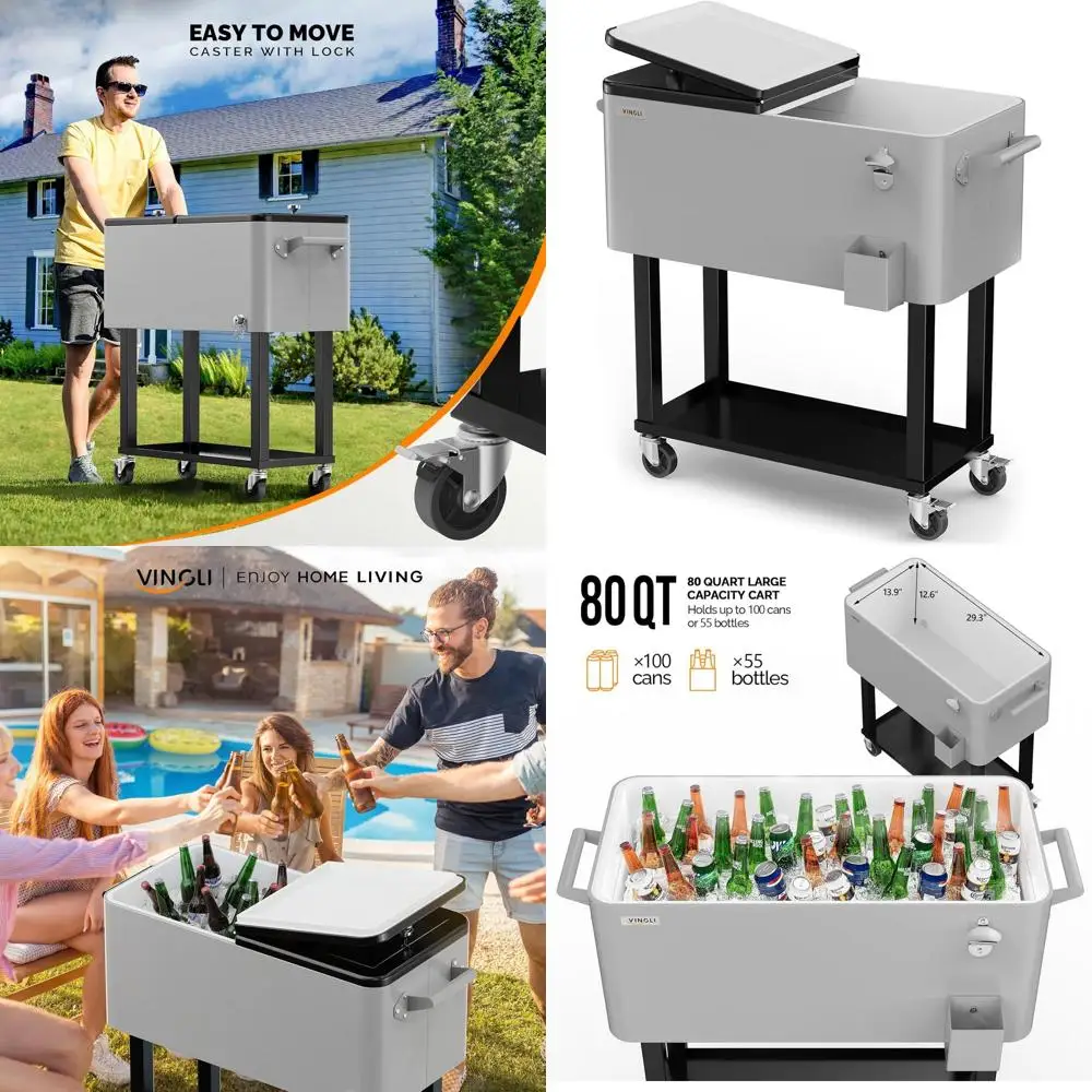 

Передвижной охладитель на 80 кварт с колесами, тележка-бар для патио, емкость для напитков, открывалка для бутылок и шланг для воды