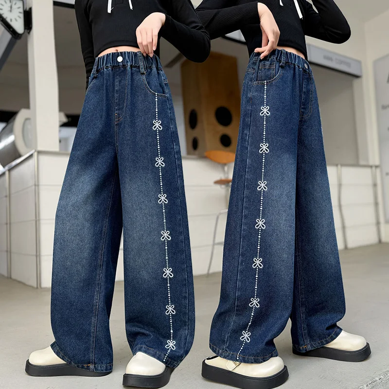 

Kids Girls y2k Loose Straight Embroidered Butterfly Jeans Children Harajuku Retro Fashion street Clothing Casual Trousers 4-14 Y