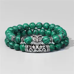 Natural Stone Lava Volcanic Bracelets Green Malachite Beaded Owl Charm Bracelets for Women Men Couples Energy Jewelry Gift