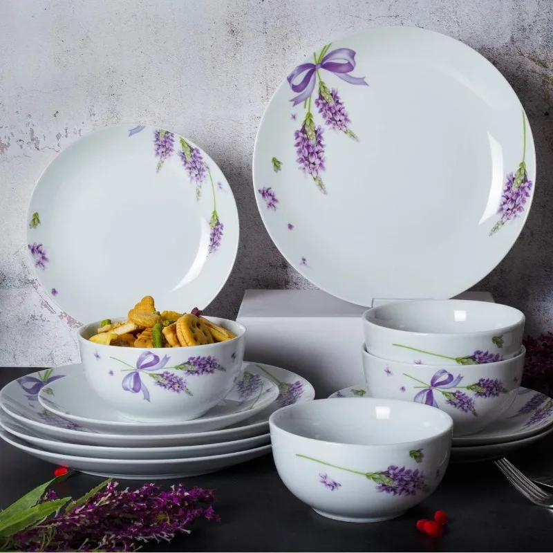 12-Piece Porcelain Kitchen Dinnerware Set with Purple Lavender Pattern, Round Dinner Plates, Dessert Plates, Soup Bowls