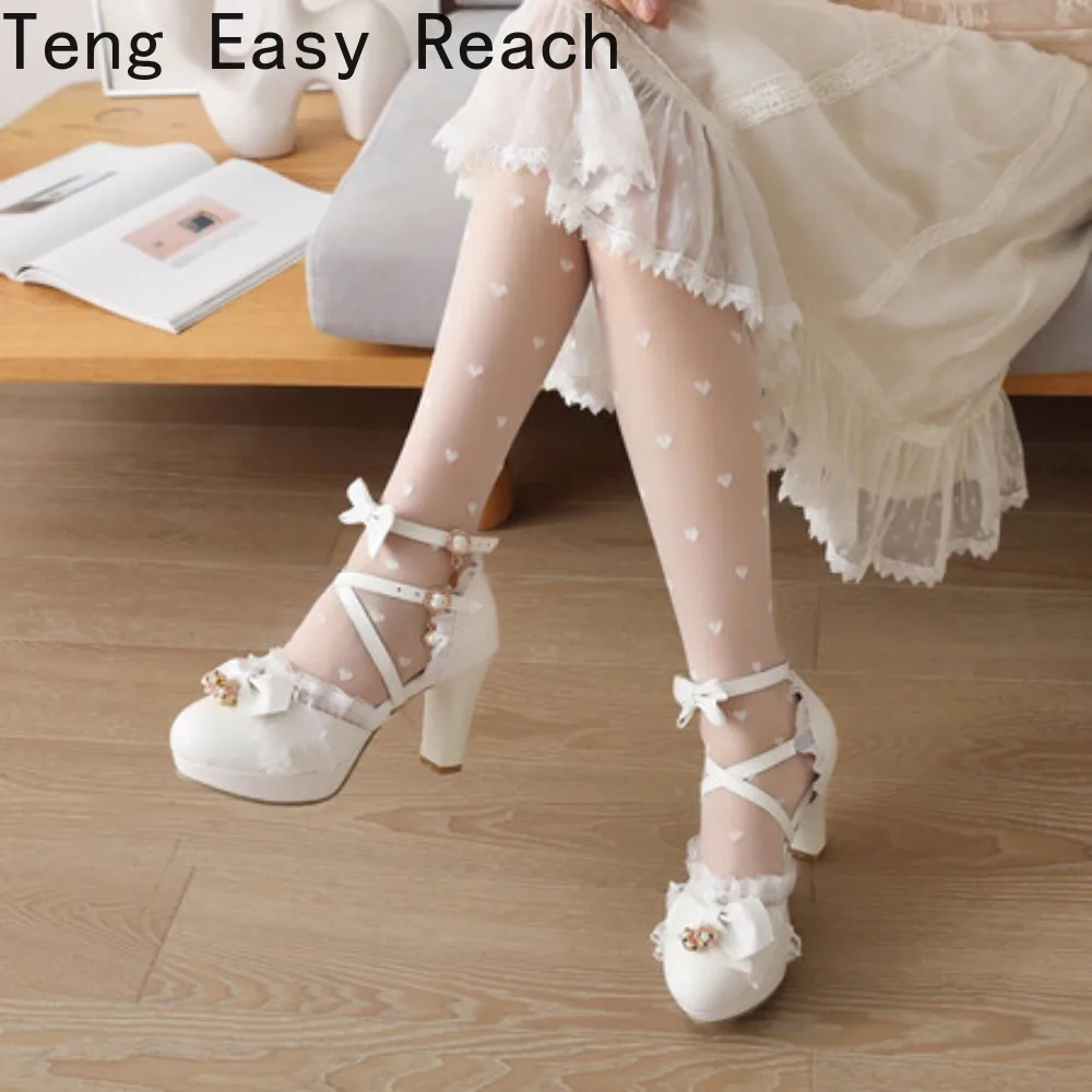 Lolita Bowknot Sweet Cute T-Strap Super High Heeled Sandals Girls Round Head Student Tea Party Vintage Single Party Dress Shoes
