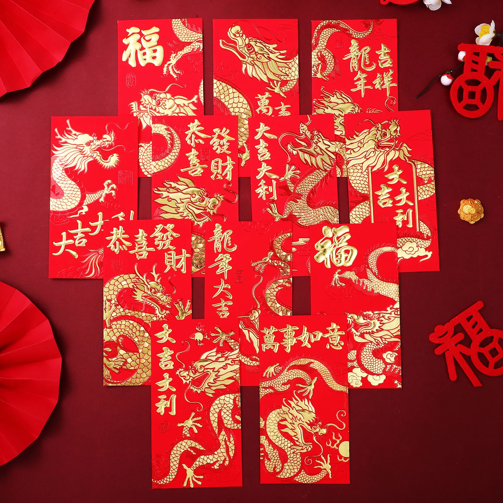 

36 шт., китайский красный конверт, год дракона, красные пакеты, весенний фестиваль, сумка для денег, традиционная сумка на удачу, золотой дизайн 2024