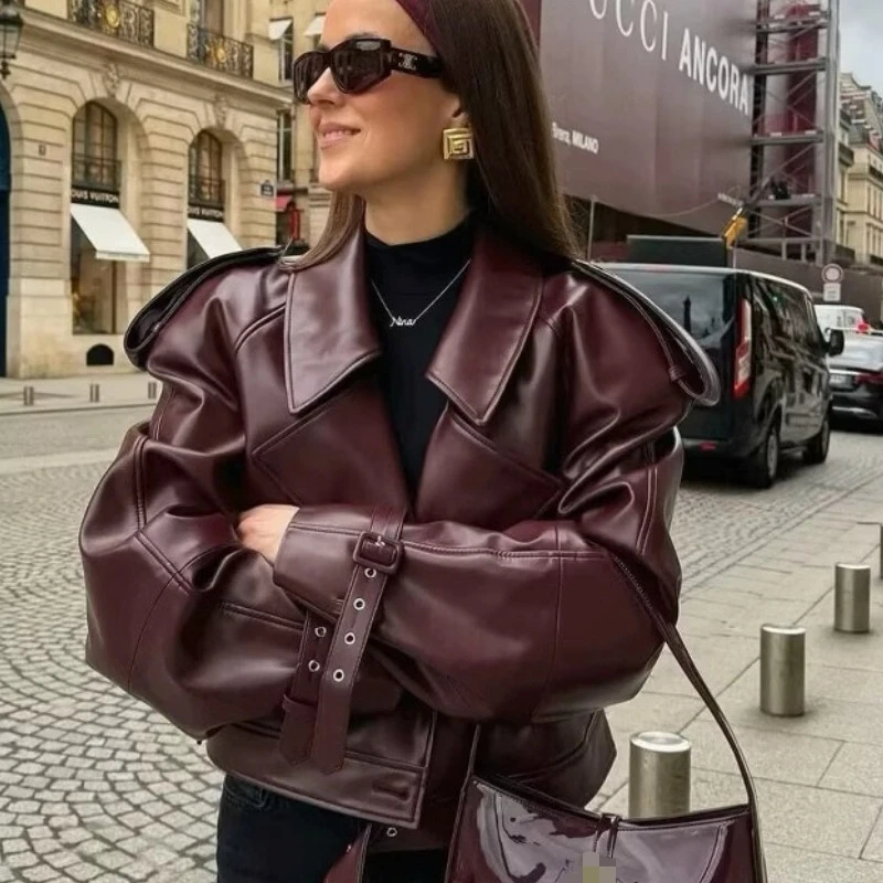 Jaquetas de couro falso para jaqueta feminina moda lapelas com botões jaqueta mulher streetwear casaco manga ajustável novo na jaqueta