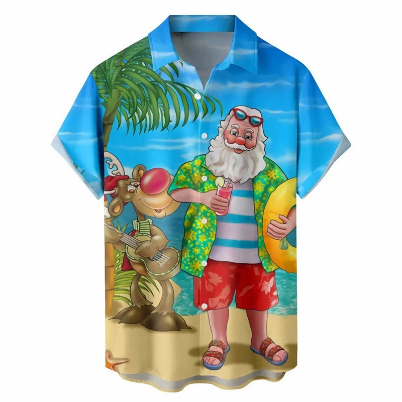 Summer 3D Santa Claus Xmas Printed Shirts Christmas Reindeer Kangaroo Graphic Dress Shirts For Men Funny Hawaiian Shirts Blouses