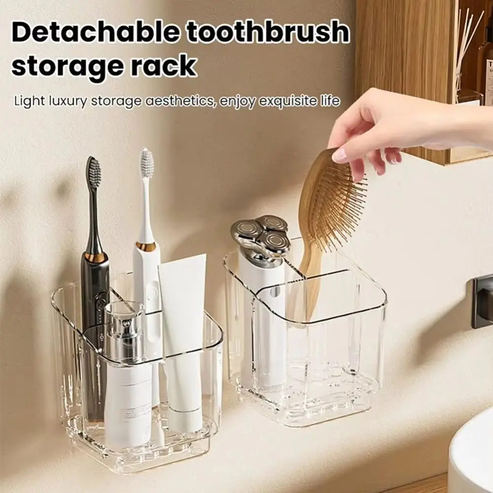 3 Slots Toothbrush Storage Rack Wall-mounted Self-adhesive Toothbrush Wall Shelves with Drain Tray Removable Divider