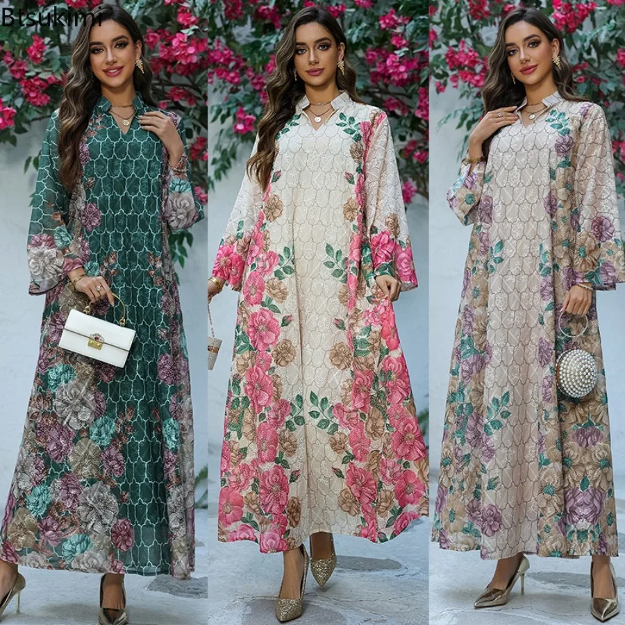

Eid Ramadan Women Elegant Maxi Dress Muslim Fashion Abaya Stand Collar Print Caftan Robe Jalabiya Morocco Dubai Kaftan Vestidos