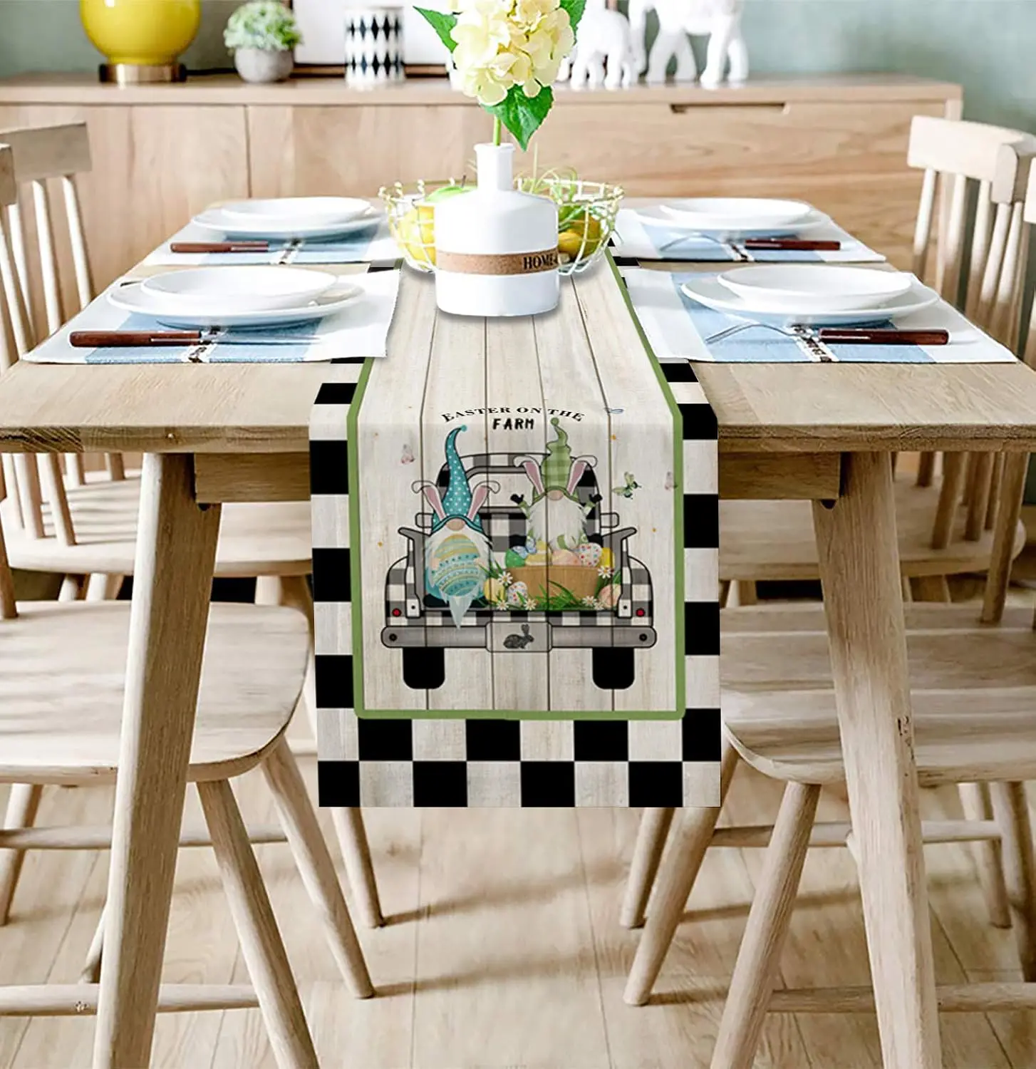 Easter Gnomes Colorful Eggs Farm Truck Table Runner, Rustic Black Buffalo Check Plaid, Farmhouse Kitchen Home Dining Decor