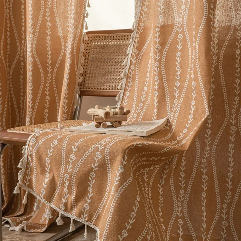 Boho Curtains Vintage Floral Farmhouse Light Filtering Semi-Blackout Rod Pocket Window Drapes for Living Room Bedroom Decoration