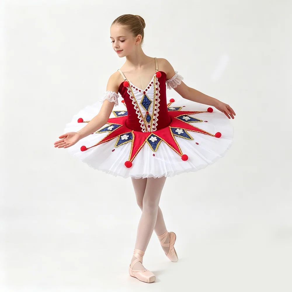 Kids Clown Ballet Tutu Dress Girls Professional Ballet Costume Red White Blue Pompom Ballerina Outfit for Stage Performance,