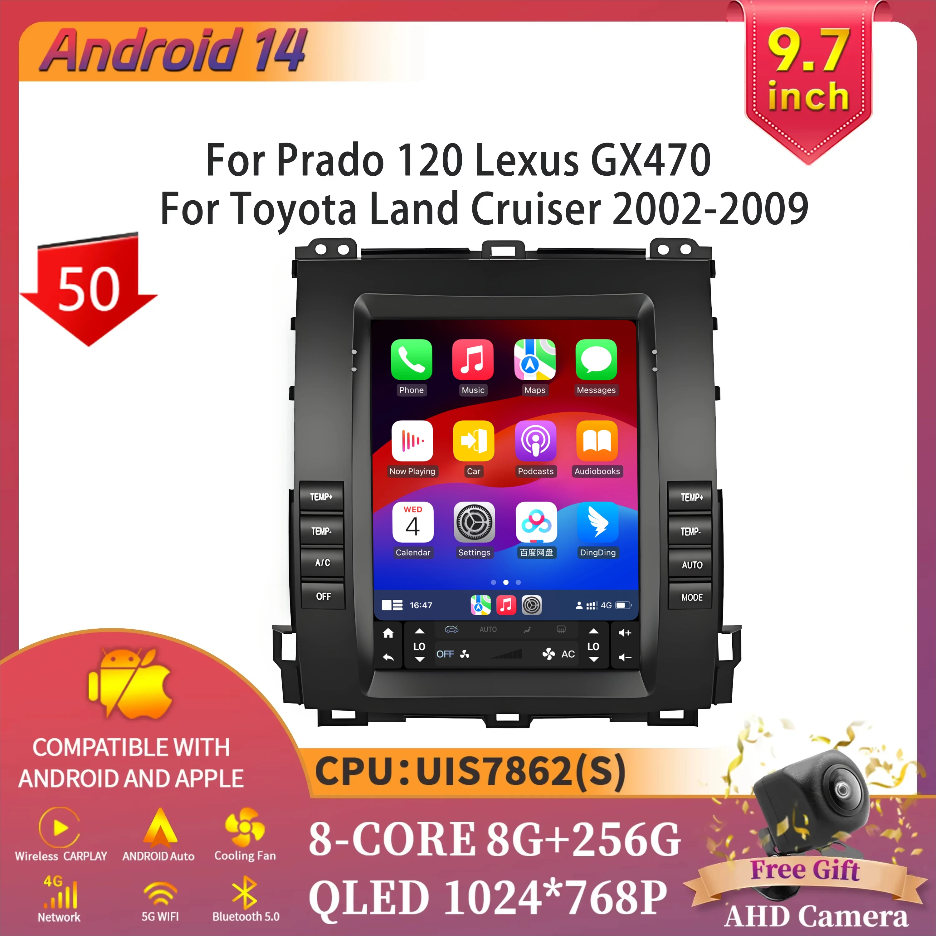 

9.7" Android 14 For Prado 120 Lexus GX470 For Toyota Land Cruiser 2002-2009 Car Radio Multimedia Intelligent Bluetooth Carplay