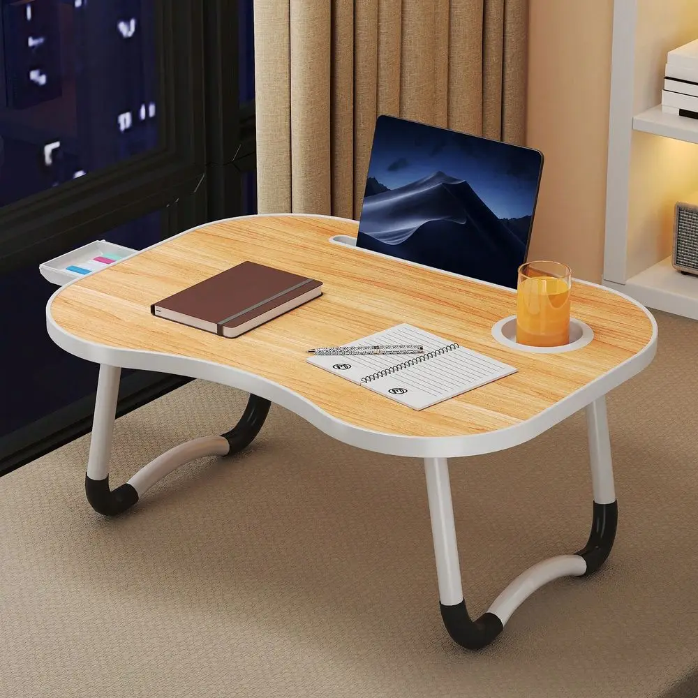 Laptop Bed Table, Portable Foldable Laptop Bed Table With Storage Drawers And Cup Holders, Laptop Stand Tray Table, Floor Table