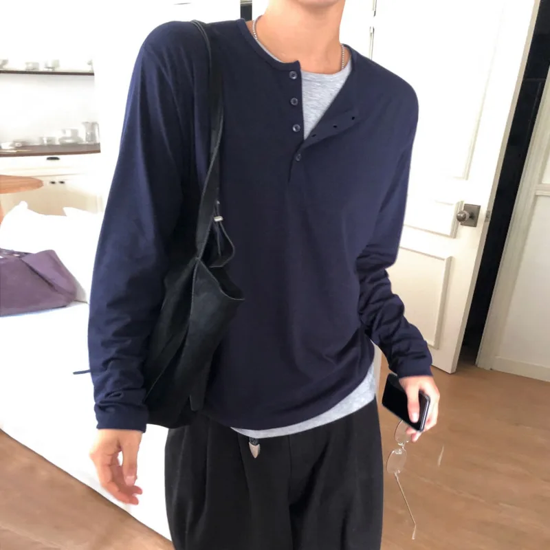Autumn Layered Henley Collar Long Sleeve Shirts For Men Loose Fake Two Piece Soft Casual Navy Basic Pullover Tee HNG67