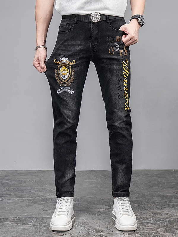 

Bla Embroidered Flower Jeans Men's Autumn Vintage Elastic Slim Straight Leg Long Pants Trendy Cotton Stretch Denim mid Waist