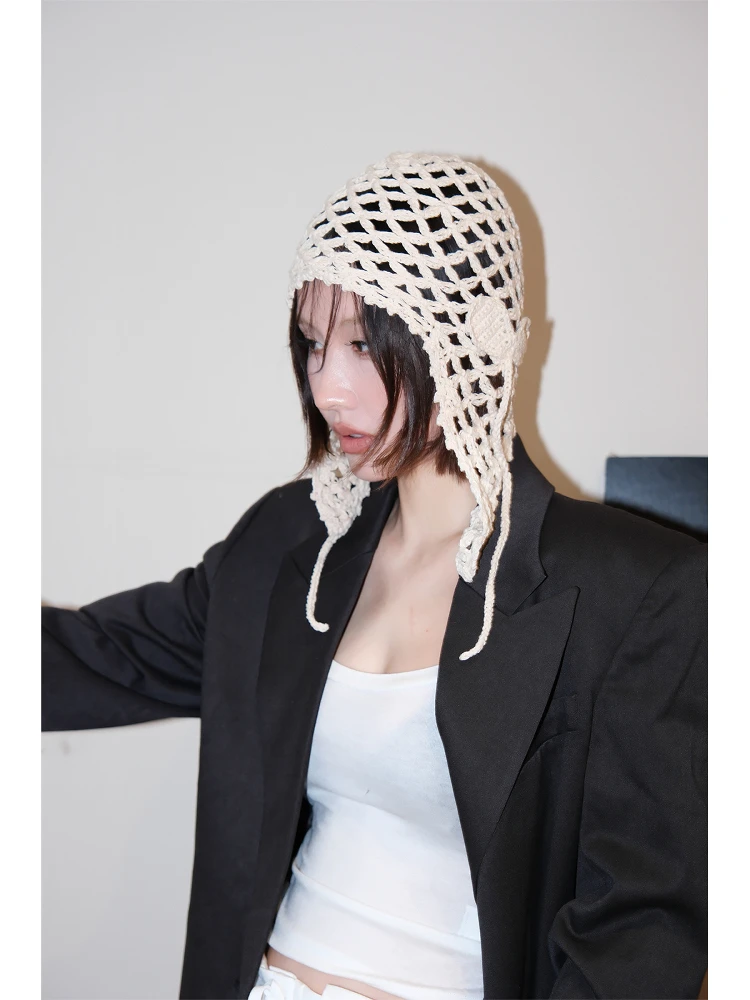 

Вязаная шапка ручной работы для женщин, весна-лето, ажурная накладная шапка с завязками, уличная одежда без поля, хлопок ex