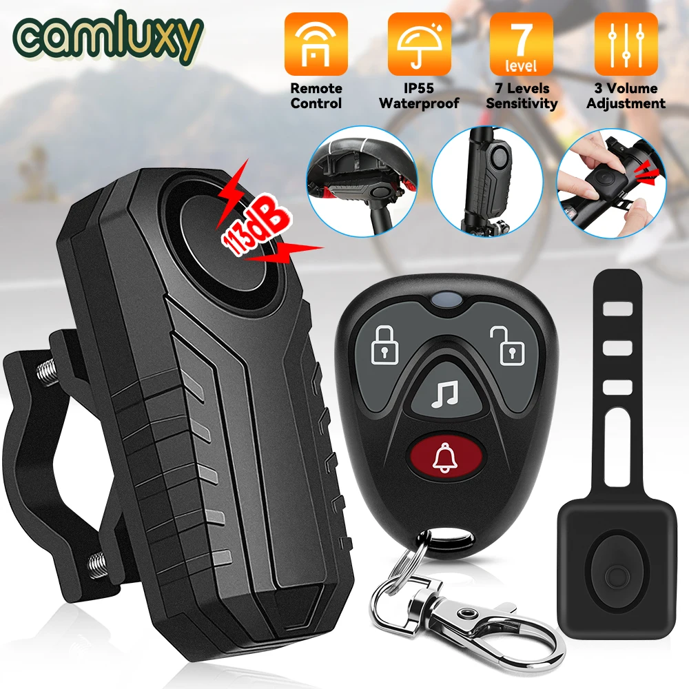 Camluxy 113dB Bicycle Alarm IP55 Waterproof Motorcycle Bike Alarm Remote Control Anti theft Security Protection For Scooter Cart