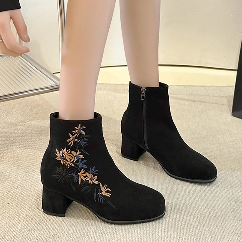 Embroidery Ankle Boots Women Square Toe Mid Heels Suede Shoes 2025 Brand Winter Elegant Chunky Boots Pumps Chelsea Botas Mujer