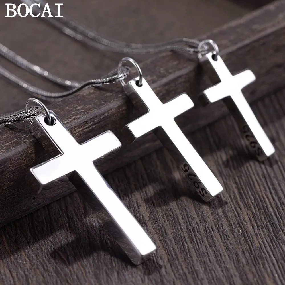BOCAI NEW S925 Silver Jewelry Polishing Process Silver Cross Pendant Couple Models Glossy Man and  Woman pendantt Wholesale