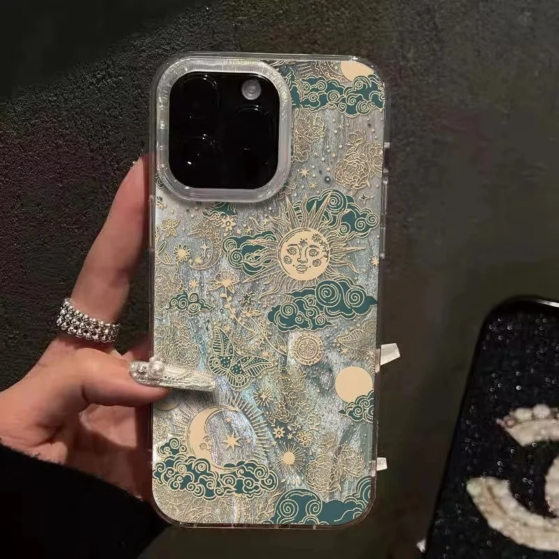 Fashion Retro The Sun Moon Starry Sky Phone Case For iPhone 16 15 14 13 12 11ProMax XR XS MAX 78PLUS INS Shake Proof Laser Cover - náhled 4