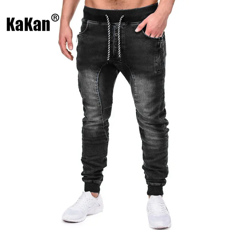 Kakan - European and American Casual Sports Threaded Leggings Jeans, Spring and Autumn New Black Blue Long Jeans for Men K22-163