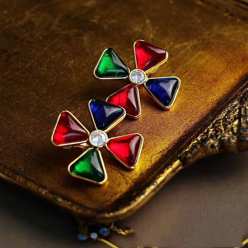 Vintage Colorful Color Zircon Crystal Stud Earrings For Women Jewelry Runway Party T Show Fancy Trendy Boho INS Japan