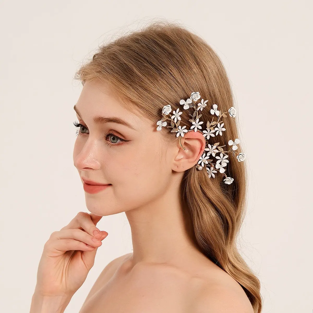Flower Ear Bone Clip Female Handmade Bead Elf Ear Hook European and American Designed Beautiful Bridal Earrings