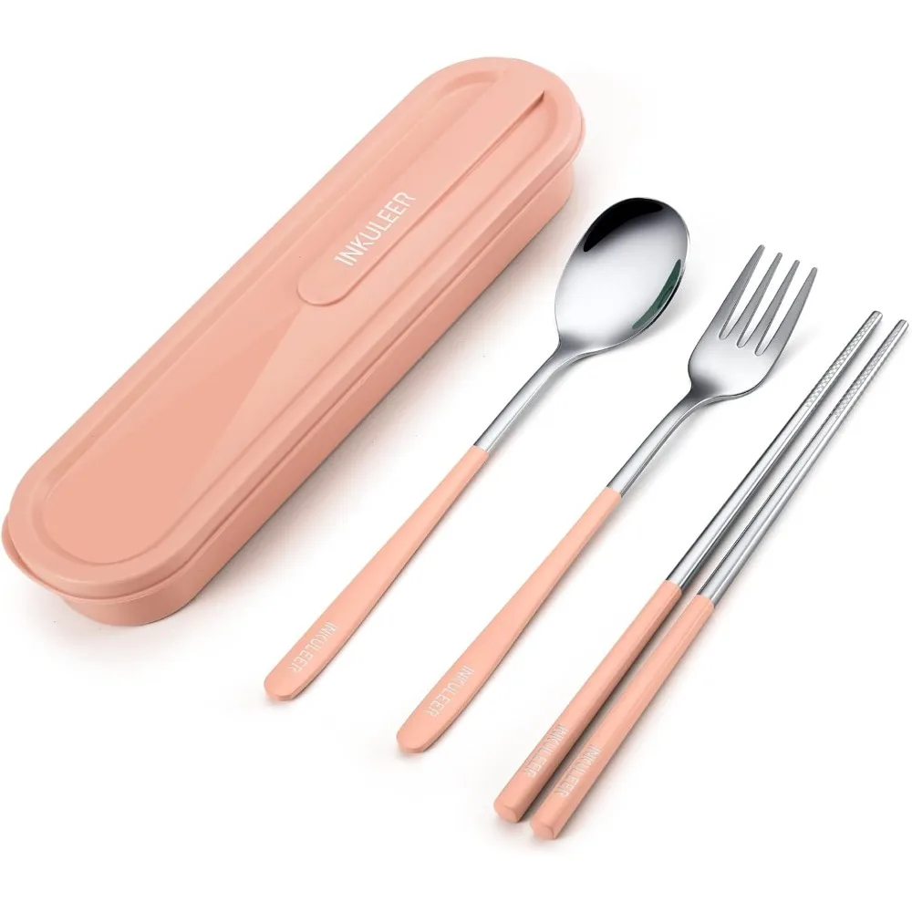 

Travel cutlery set, 18/8 stainless steel cutlery, Reusable utensils set with case, Portable Silverware Lunch Box for Camping and Office (Pink)