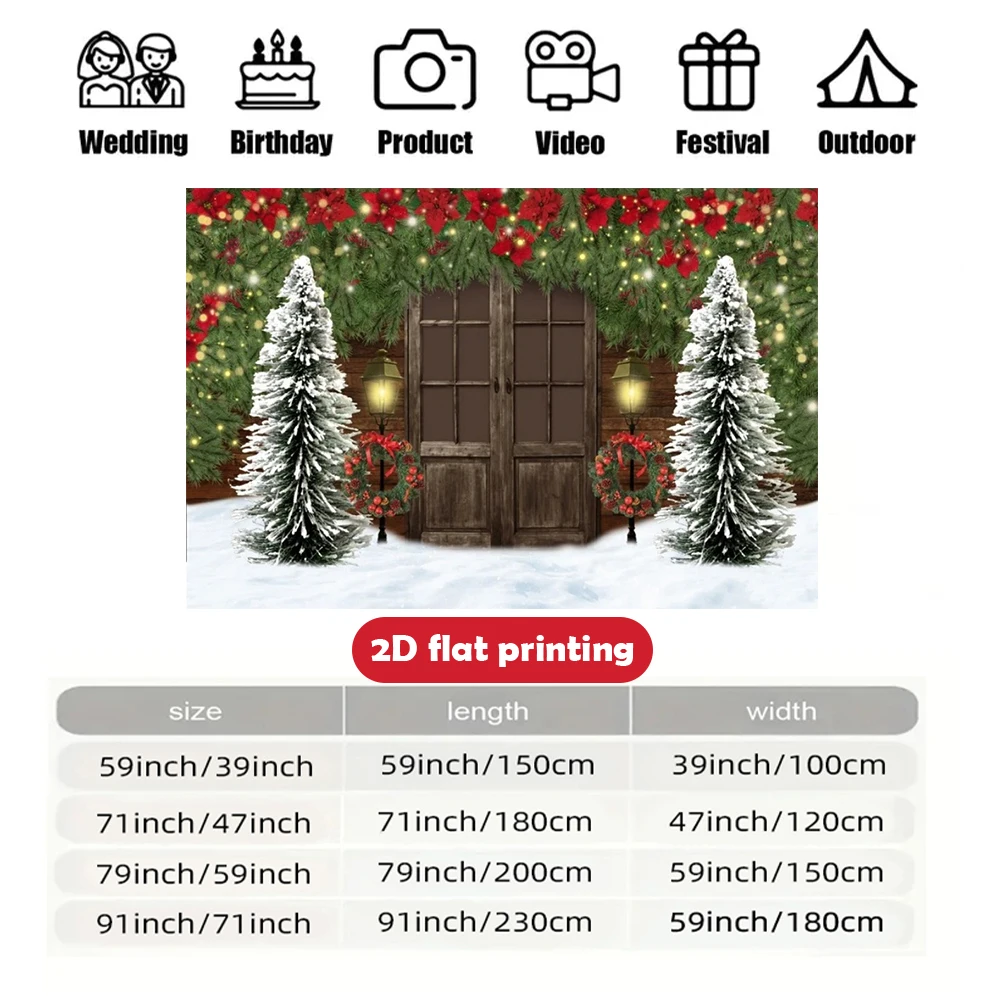 1pc Christmas Backdrop Banner: Festive Wooden Door, Wooden Door, Trees, Wreaths, Snow, Outdoor Xmas Decor, Photo Props