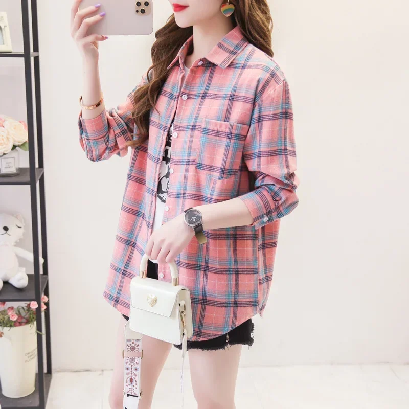 2024 New Fashion Loose Womens Plaid Shirt Fresh College Style Design Blouses And Tops Long Sleeve Casual Female Checked Clothes