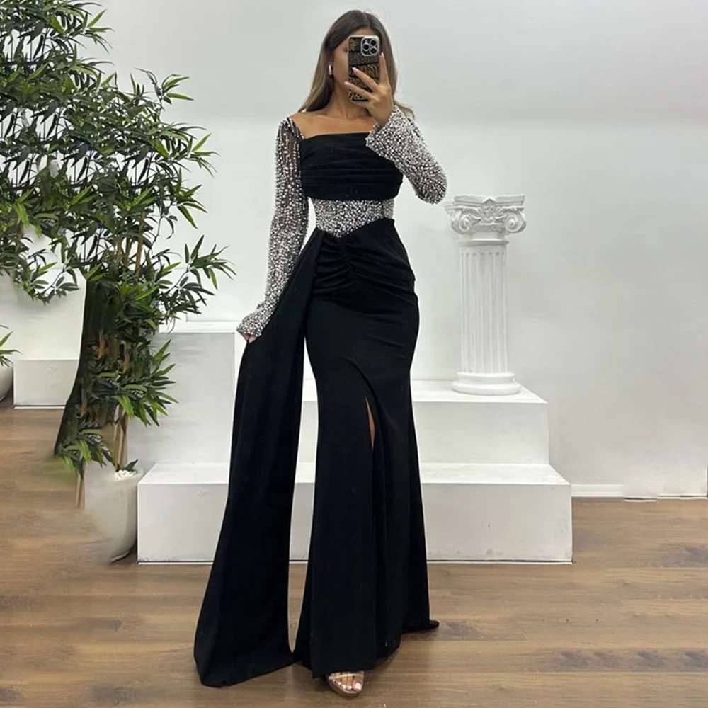 Nach Maß Luxus Quadrat Kragen Langarm Perlen Perlen Abendkleid Backless Maxi Länge Seite Schlitz Abendkleid Vestidos