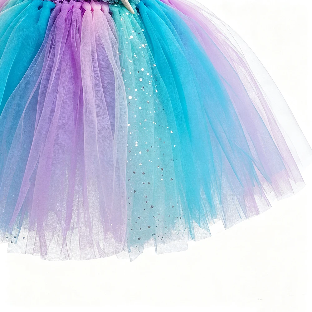 Meerjungfrauen-Kostüm Tutu-Kleid für Mädchen Ärmelloses Tüllkleid Prinzessinnenkrone Zauberstab Halskette Handschuhe für Mädchen Halloween Geburtstagsfeier – Detail 5