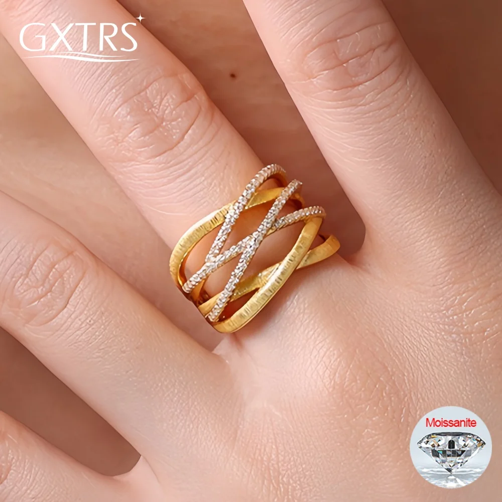 

GXTRS Real Moissanite Ring For Women Men S925 Silver Hollow-out Design Wedding Diamond Band Gift 18K Gold Plated No Fade Jewelry