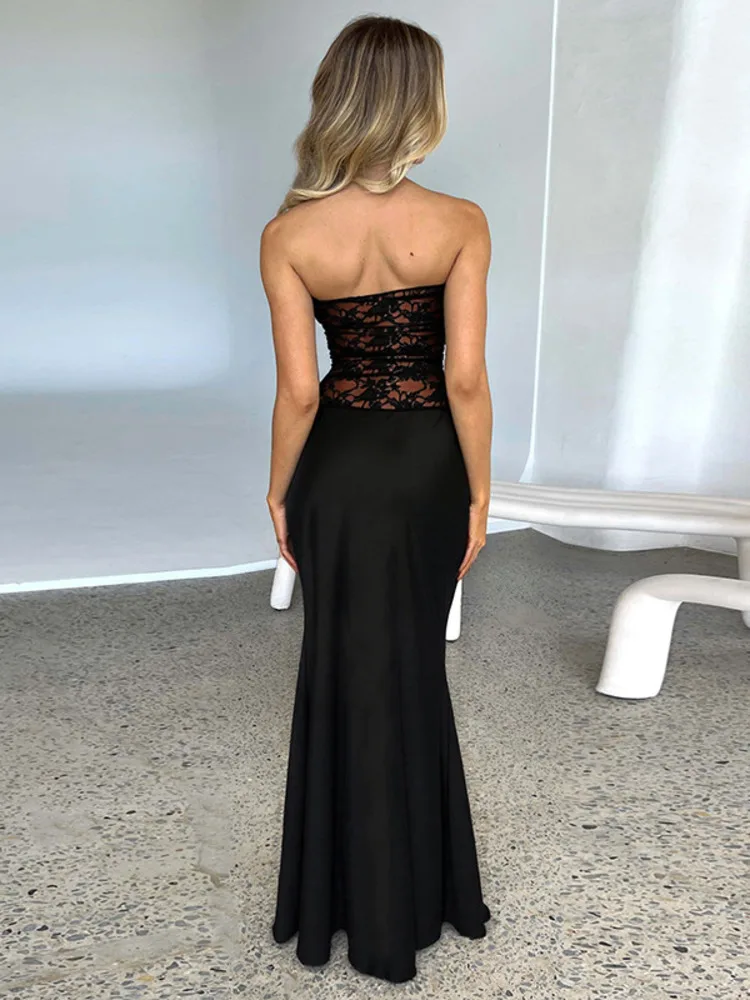 Mozision renda transparente sem alças sexy maxi vestido feminino preto fora do ombro sem costas sem mangas bodycon cintura alta vestido longo