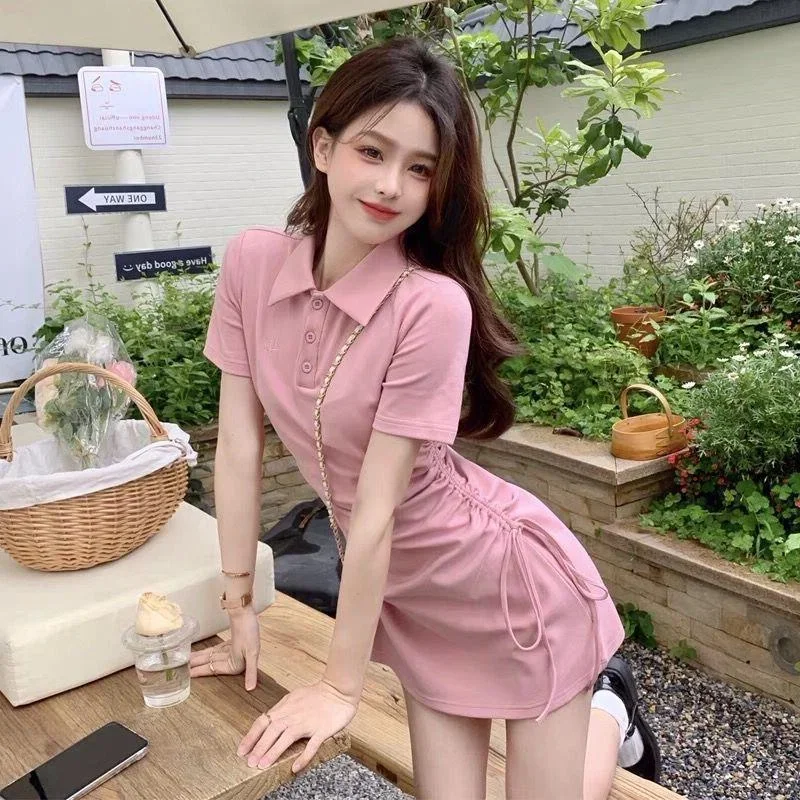 Korean Summer Fashion Short Mini Dress College Style Lapel Slim Sexy Street  Dress Draw-string Thin Sheath Women Bodycon Dress