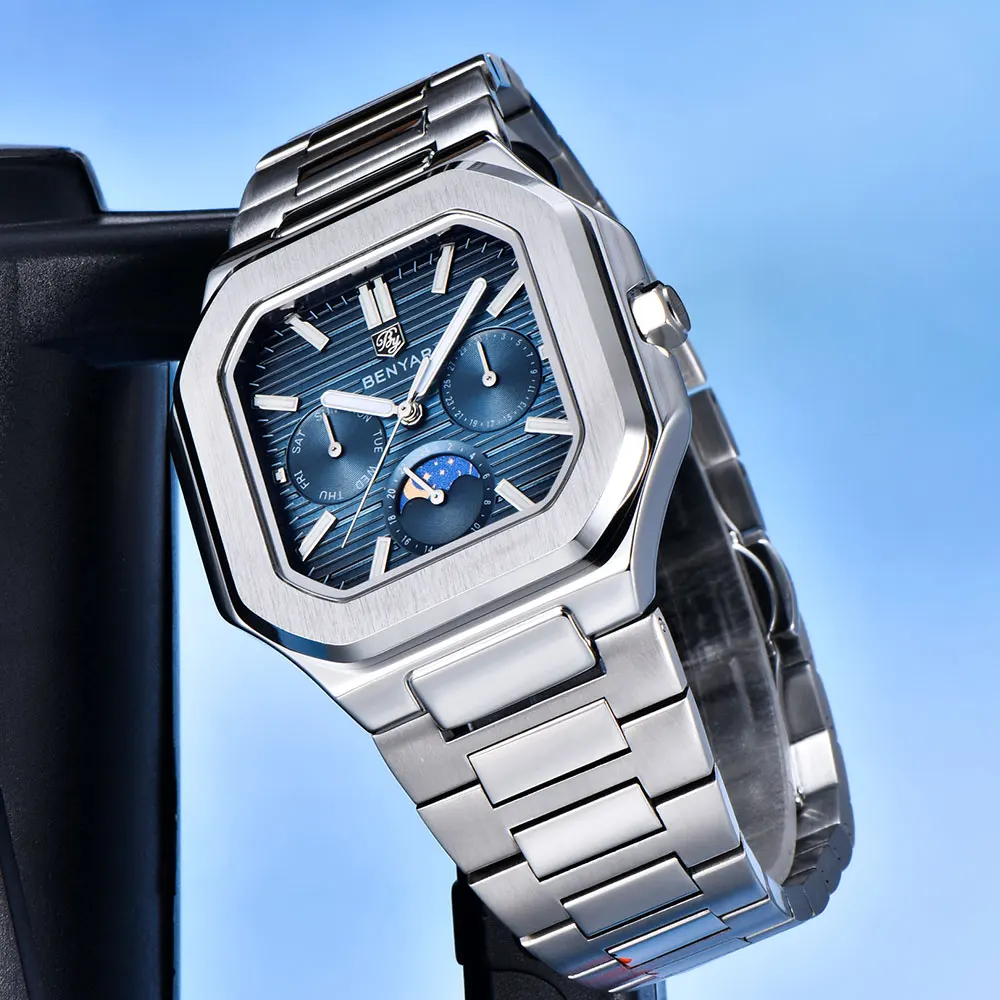 BENYAR New 37mm Mens Watch Top Brand Quartz Wristwatch Classic Luxury Waterproof Watch Stainless Steel Sapphire Glass Gift Watch