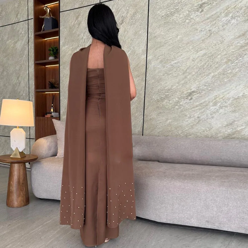 فساتين حفلة موسيقية كريستال بني مخصص مع شال بدون حمالات فستان زفاف مستقيم باتي من الساتان بطول الكاحل فستان ماكسي رسمي