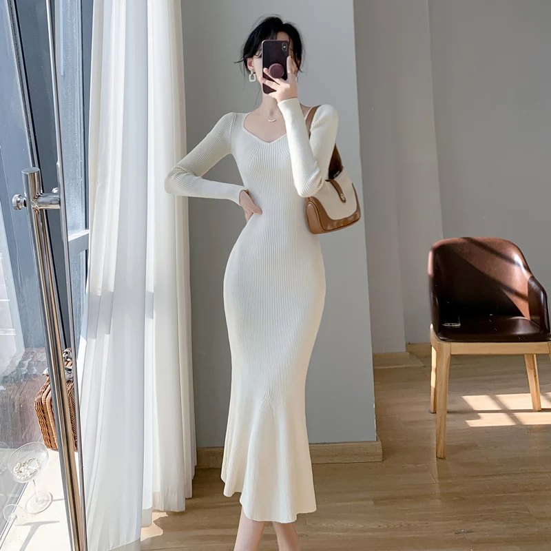 Women Winter Knit Sweater Dresses Hot Sexy Bodycon Skirt Elastic Knitted Long Sleeve Deep V Neck Skirt Knitted Top Dress S04