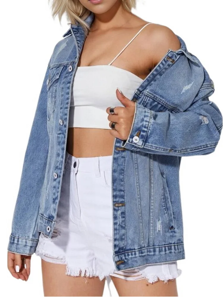 Women's Denim Jacket Worn-out Medium-length Loose Jeans Jacket Fall Winter Button Down Chest Pocket Outwear