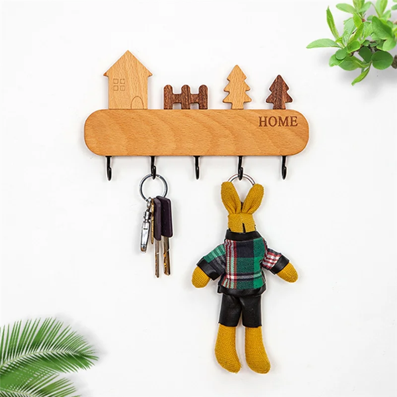 M11K-Wall Mount Key Hook Rack Solid Wood Non-Toxic Key Storage Holder Coat Rack Household Sundries