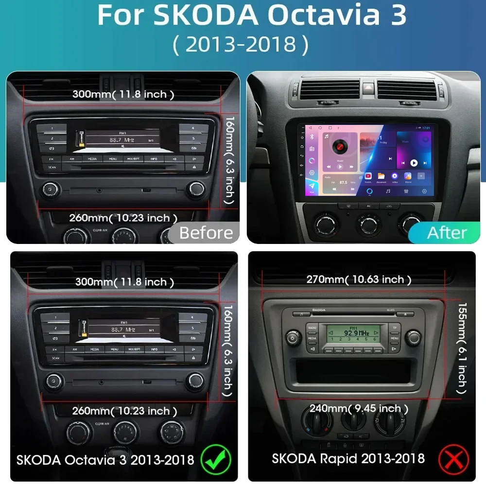 Android 14 Car Radio For Skoda octavia 3 A7 2013 - 2018 Android Auto Player Navigation No 2din DVD Screen Carplay Stereo GPS