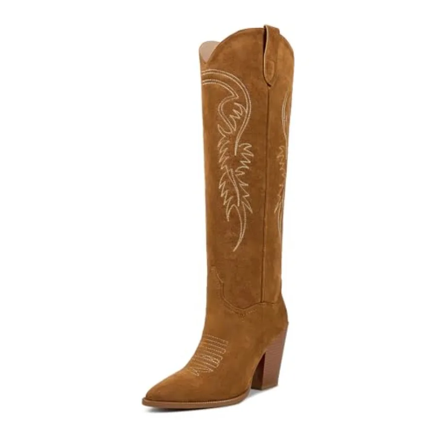 

ISNOM Women's Cowgirl Boots Pull On Knee High Boots, Cowboy Western Embroidered Chunky Block Heel Pointed Toes Boots