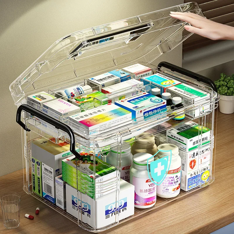Double Layered Large Transparent Medicine Box, Household Medicine Box, Large Capacity Multifunctional Drug Storage Box