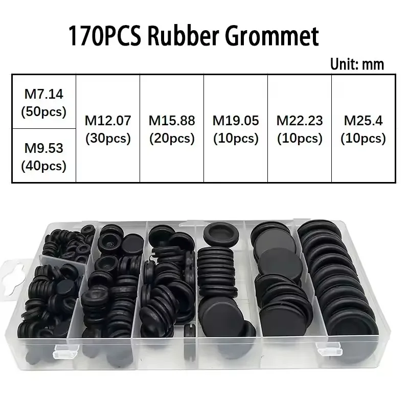 170Pcs Rubber Grommet Kit Assortment Set - 7 Sizes Electrical Wire Gaskets & Solid Hole Plugs for Plumbing Automotive General Re
