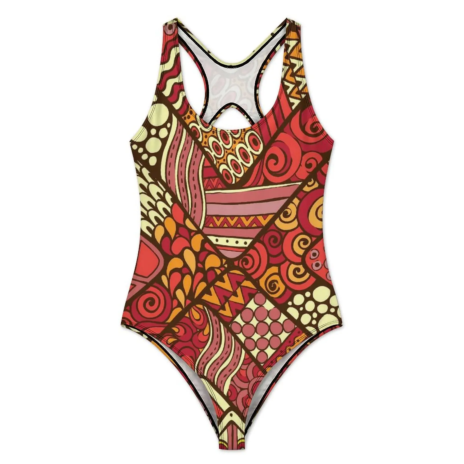 Abstract Tribal Swimsuit Sexy Red Patchwrok Print Women Swimwear One Piece Fashion Bodysuit Surfing Push Up Hollow Out Monokini