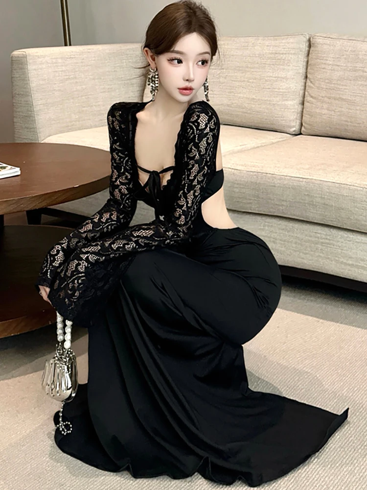 Vestido coreano Vintage Hepburn para mujer, vestido Sexy con espalda descubierta y encaje de retales negros para otoño e invierno, vestido elegante ajustado de lujo para graduación 2025