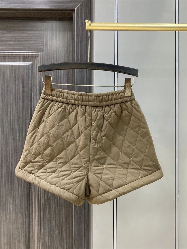 Pantaloncini con griglia a diamante tinta unita donna inverno elastico in vita clip in cotone caldo abbinato versatili pantaloni a trapezio con gambe larghe