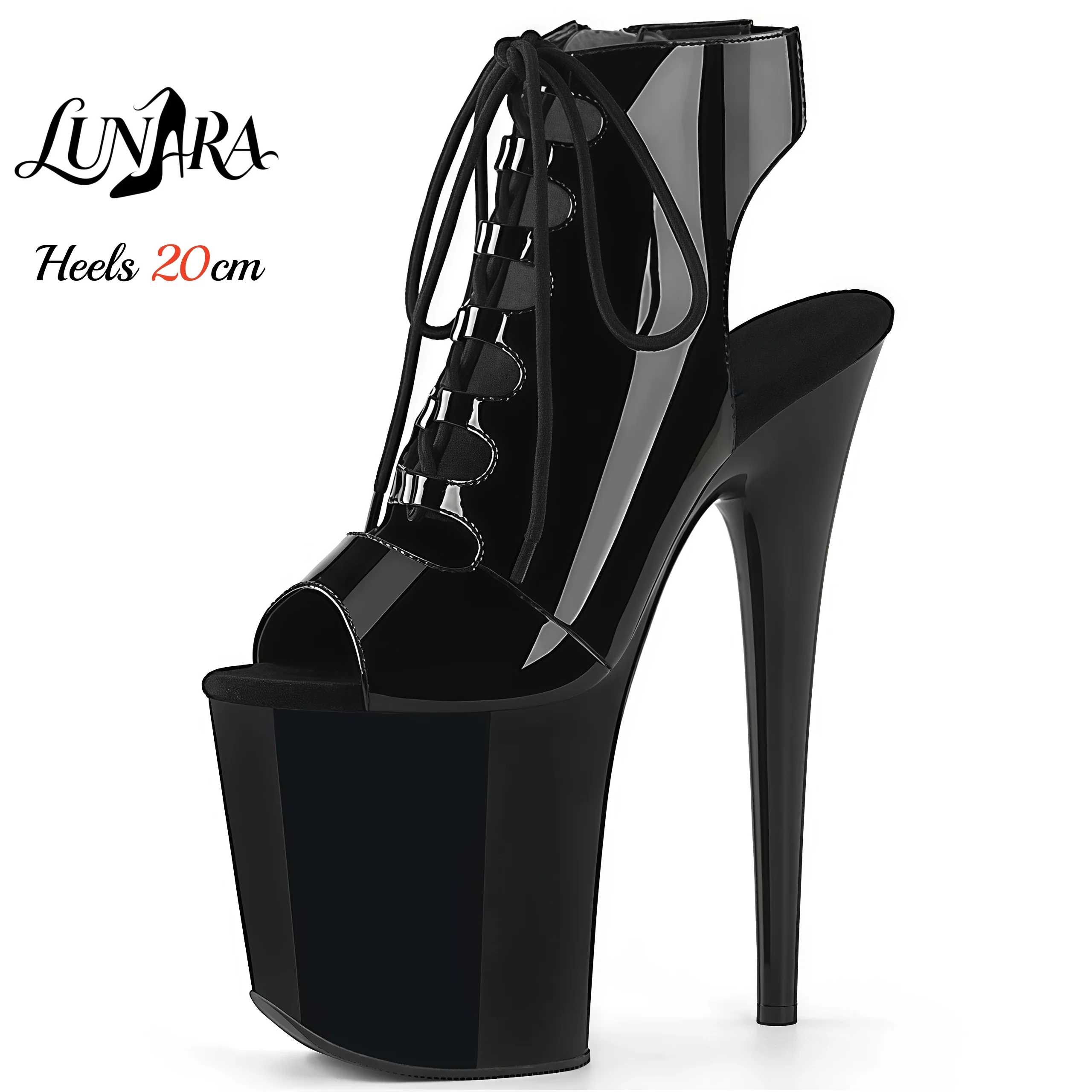 20cm/8Inch Black Patent Platform High Heel Peep Toe Ankle Boots Lace-Up Zipper Nonslip Gothic Performance Pole Dance Ladies Rave