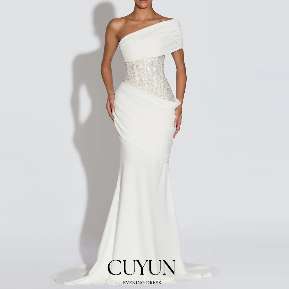 CUYUN Customized Slanted Mermaid Evening Gown Off Shoulder Pleated Backless Women's Slim Fit Elegant Party Dresses 2027