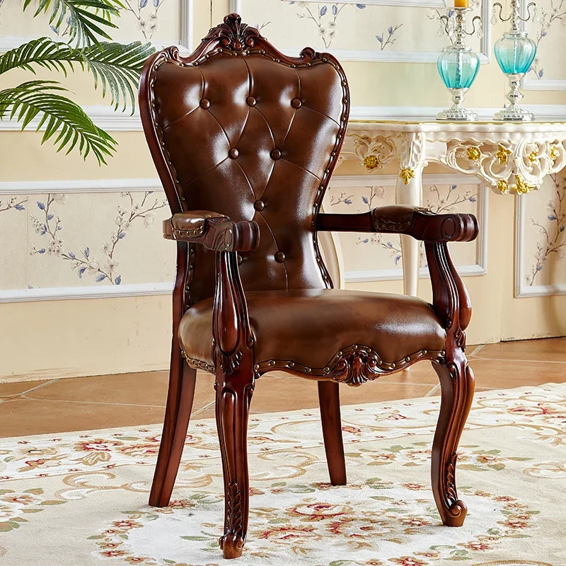 American Solid Wood Armchair European Leather Soft Package Comfortable Dining Chair Long Sitting Study Room Home Computer 식탁의자