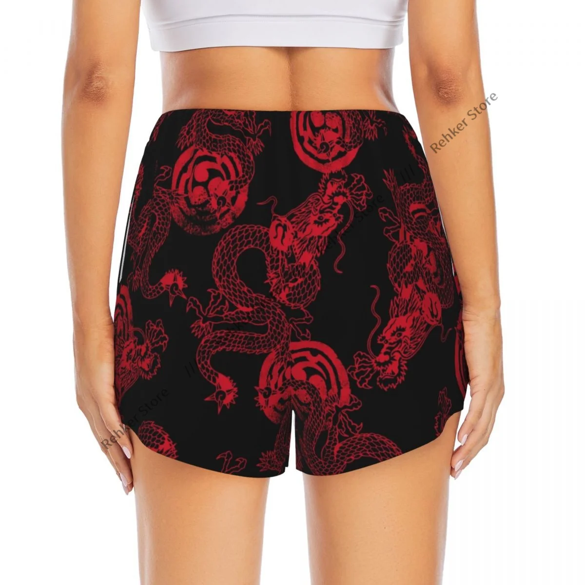 レディース アスレチック ショーツ ドラゴン パターン ランニング ヨガ フィットネス 速乾性 バドミントン トレーニング ポケット付き
