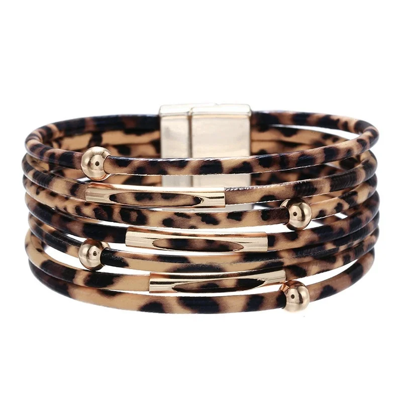 2025 Hot Selling Retro Metal Tube Sexy Leopard Print Leather Bracelet For Men And Women Multi-Layer Wrapped Charm Jewelry